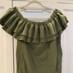 JCrew Olive Off-Shoulder Ruffle Top